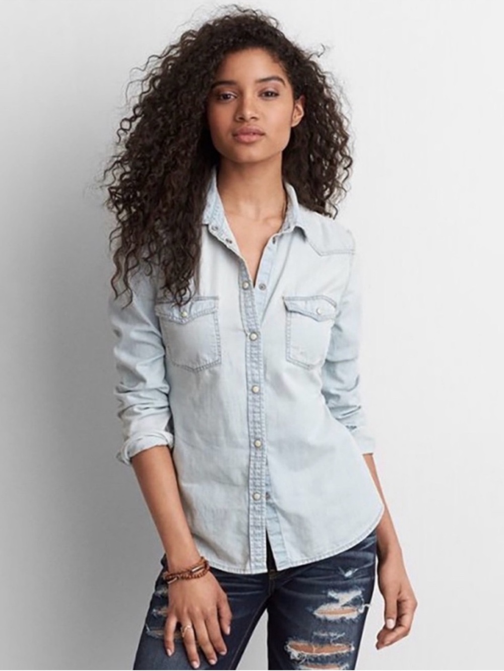 American Eagle Outfitters Light Wash Denim Button-Up Shirt